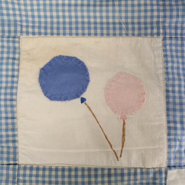 Vintage Baby Blanket Nursery Quilt Appliqued Clown Balloons Blue 33x48"