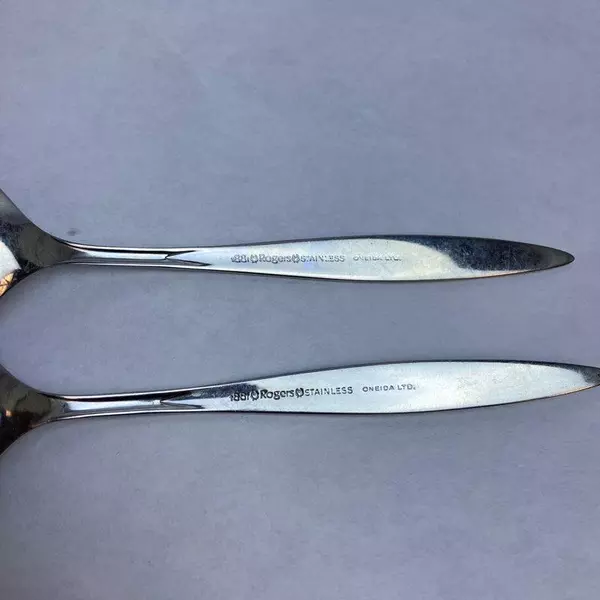 Set of 2 Vtg 1881 Rogers Stainless Oneida Fantasy Handle Serving Spoons Slotted