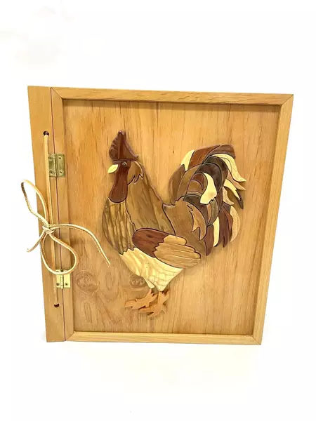 Handmade Wood Rooster Photo Album Brass Hinges Leather Strap Signed 12.5"