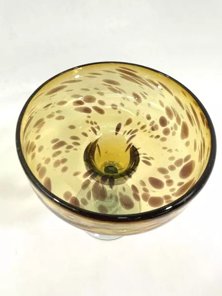 Set of 2 Hand Blown Amber Margarita Glasses with Green Stem Chip on One