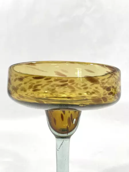 Set of 2 Hand Blown Amber Margarita Glasses with Green Stem Chip on One