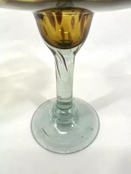 Set of 2 Hand Blown Amber Margarita Glasses with Green Stem Chip on One