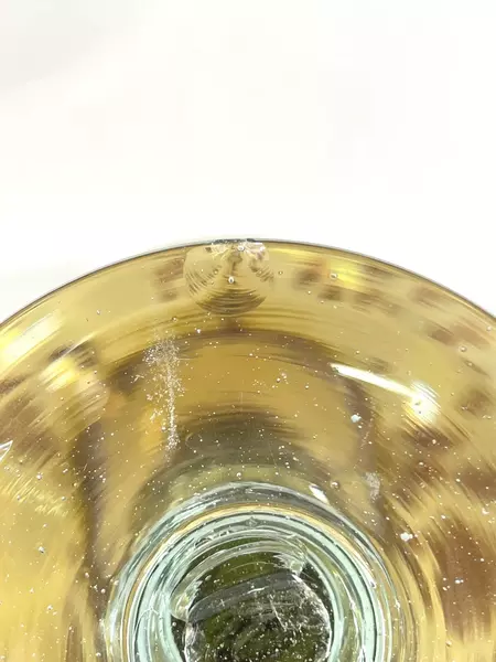 Set of 2 Hand Blown Amber Margarita Glasses with Green Stem Chip on One