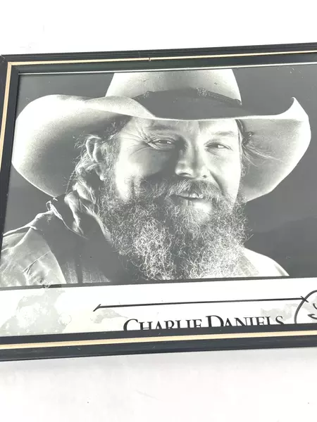 Framed 8x10 Autographed Charlie Daniels Black & White Photo Water Damage