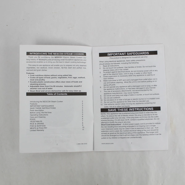 Nesco Electric Food Steamer Use Care Guide Model ST25B Manual 2013 Metal Ware