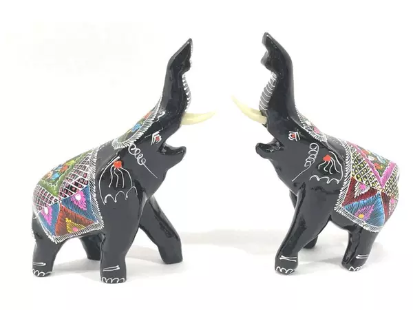 Lot of 2 Hand Painted Black Lacquer Elephant Figurines Floral Design 4.5"