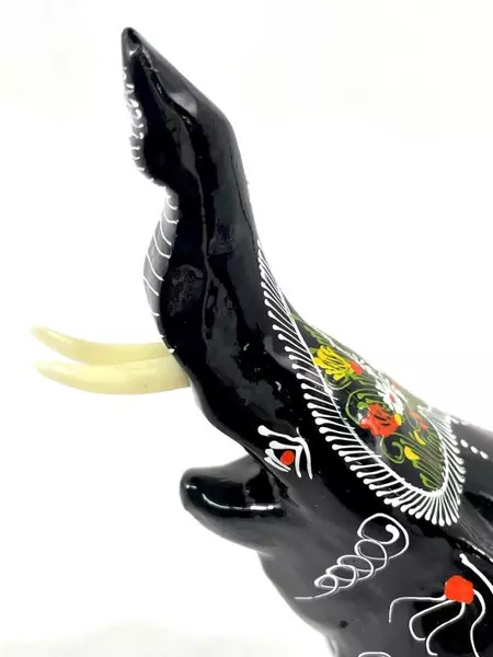 Lot of 2 Hand Painted Black Lacquer Elephant Figurines Floral Design 4.5"