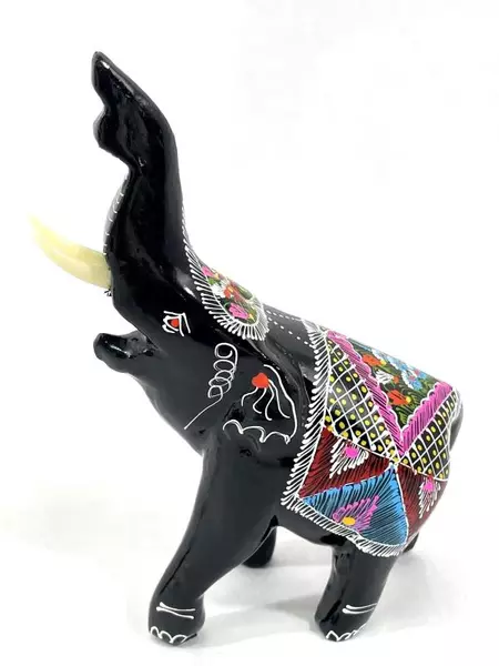 Lot of 2 Hand Painted Black Lacquer Elephant Figurines Floral Design 4.5"