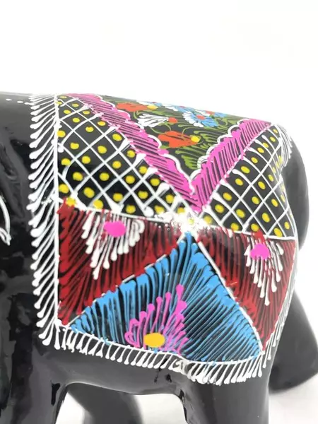 Lot of 2 Hand Painted Black Lacquer Elephant Figurines Floral Design 4.5"