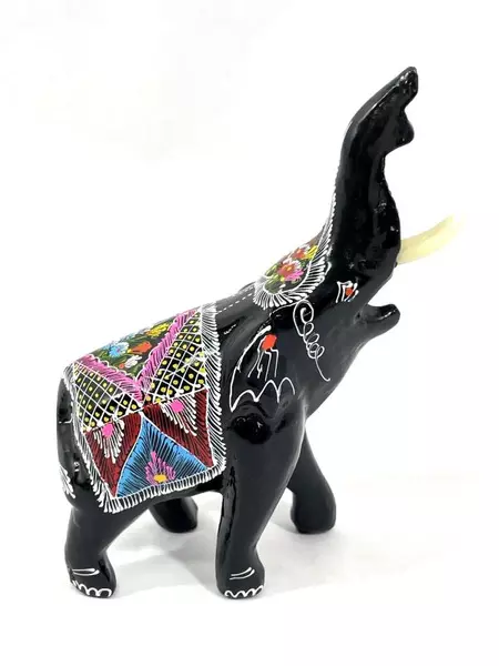 Lot of 2 Hand Painted Black Lacquer Elephant Figurines Floral Design 4.5"