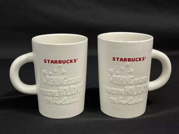 Lot of 2 Starbucks 2010 Holiday Coffee Cups Embossed Stars White Mugs