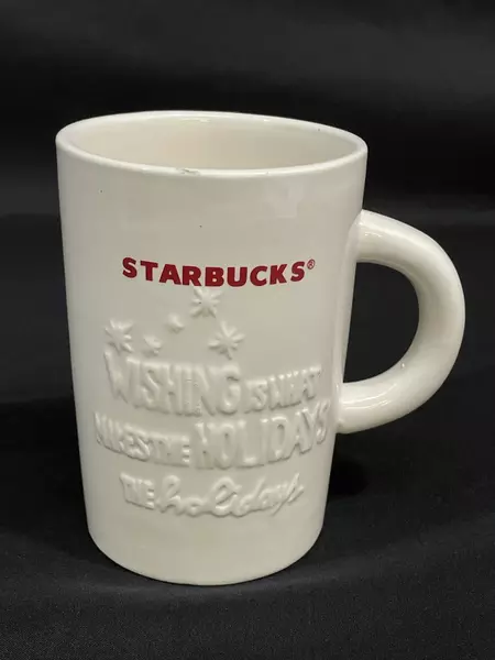 Lot of 2 Starbucks 2010 Holiday Coffee Cups Embossed Stars White Mugs