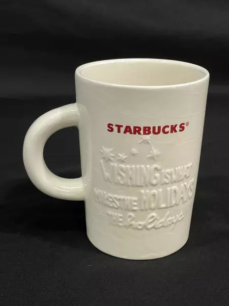 Lot of 2 Starbucks 2010 Holiday Coffee Cups Embossed Stars White Mugs