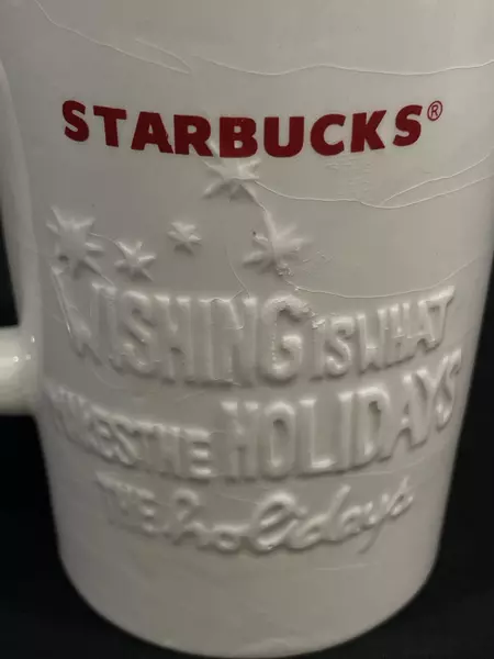Lot of 2 Starbucks 2010 Holiday Coffee Cups Embossed Stars White Mugs