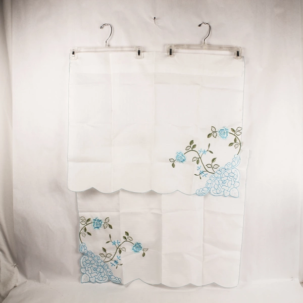 Vintage 2 Pc White Woven Valance Curtains Blue Floral Embroidered Stains