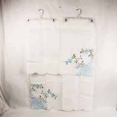 Vintage 2 Pc White Woven Valance Curtains Blue Floral Embroidered Stains