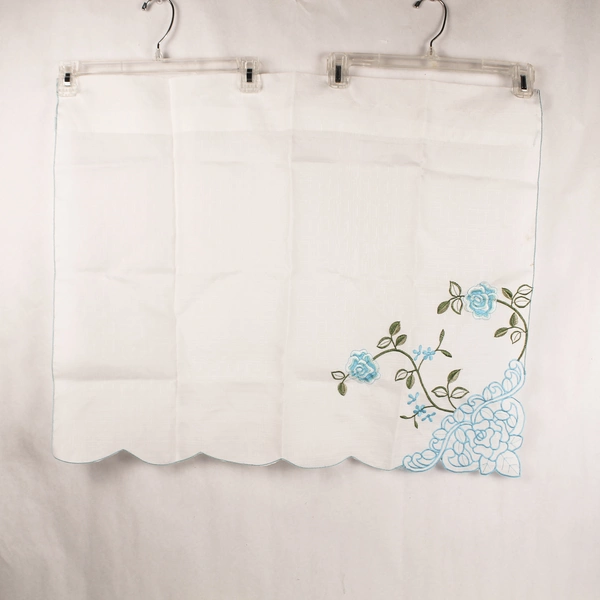 Vintage 2 Pc White Woven Valance Curtains Blue Floral Embroidered Stains