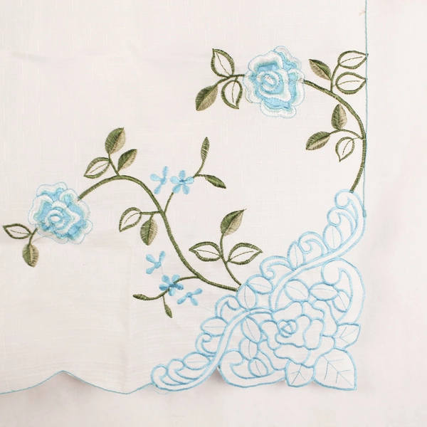 Vintage 2 Pc White Woven Valance Curtains Blue Floral Embroidered Stains