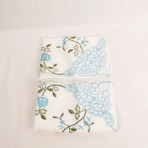 Vintage 2 Pc White Woven Valance Curtains Blue Floral Embroidered Stains