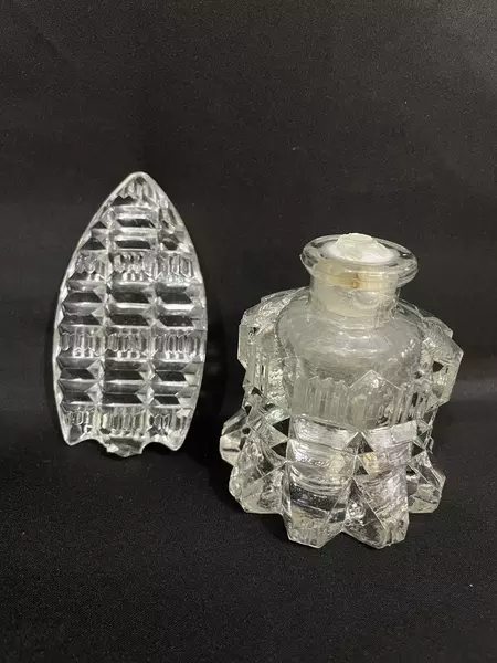 Vintage Cut Glass Perfume Bottle with Arrowhead Feather Stopper Broken Glued