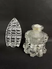 Vintage Cut Glass Perfume Bottle with Arrowhead Feather Stopper Broken Glued