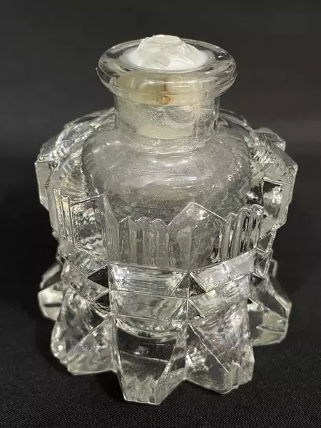 Vintage Cut Glass Perfume Bottle with Arrowhead Feather Stopper Broken Glued