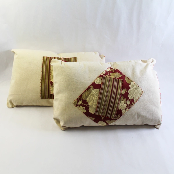 Lot of 2 Handmade Floral Striped Throw Pillows Beige Red 18x11.5 Inches