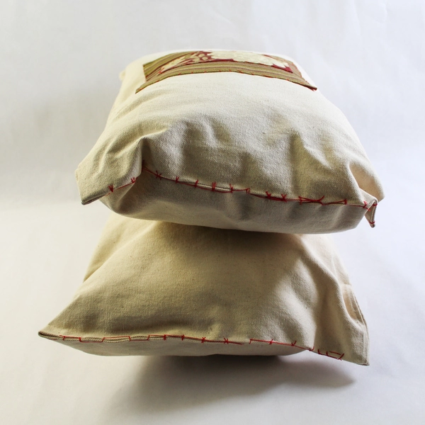 Lot of 2 Handmade Floral Striped Throw Pillows Beige Red 18x11.5 Inches