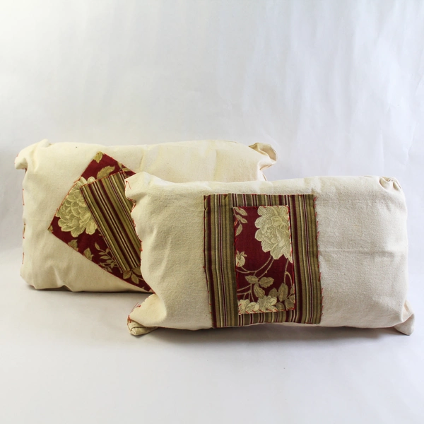 Lot of 2 Handmade Floral Stripes Accent Pillows Beige Red Home Decor 17"x10"