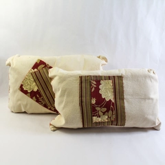 Lot of 2 Handmade Floral Stripes Accent Pillows Beige Red Home Decor 17"x10"