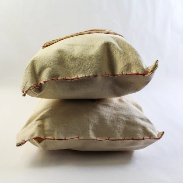 Lot of 2 Handmade Floral Stripes Accent Pillows Beige Red Home Decor 17"x10"