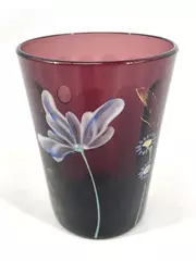 Vintage Hand Blown Amethyst Glass Tumbler Hand Painted Floral Design 4" Tall