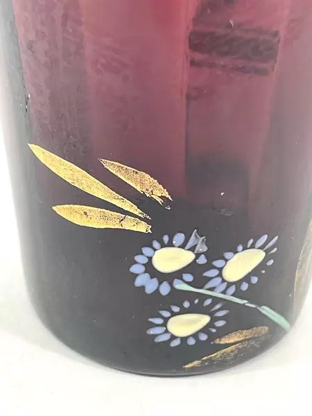 Vintage Hand Blown Amethyst Glass Tumbler Hand Painted Floral Design 4" Tall