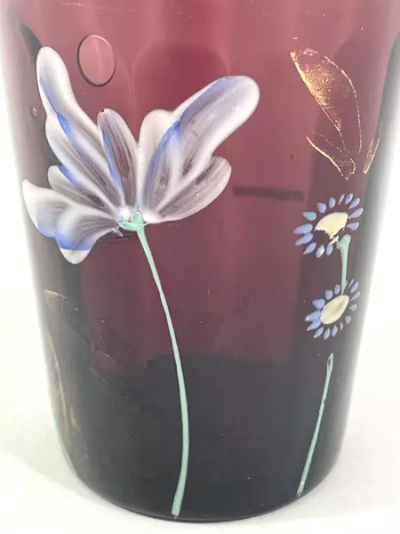Vintage Hand Blown Amethyst Glass Tumbler Hand Painted Floral Design 4" Tall