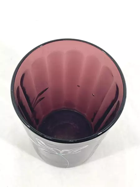 Vintage Hand Blown Amethyst Glass Tumbler Hand Painted Floral Design 4" Tall