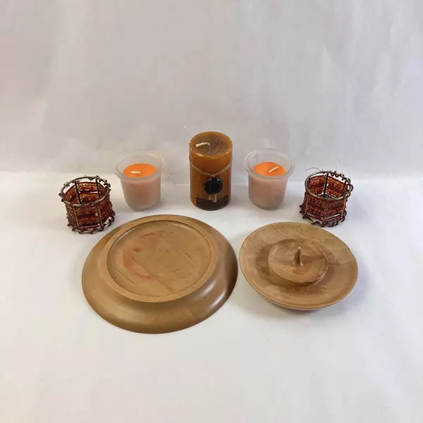 Earth Tone Home Decor Basket Lot Candles Floral Pinecones Napkins Wood Holder