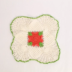 Vintage Doily 10" Red Rose Center Green Trim White Lace Kitchen Linen