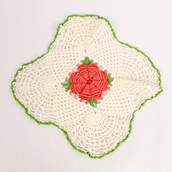 Vintage Doily 10" Red Rose Center Green Trim White Lace Kitchen Linen