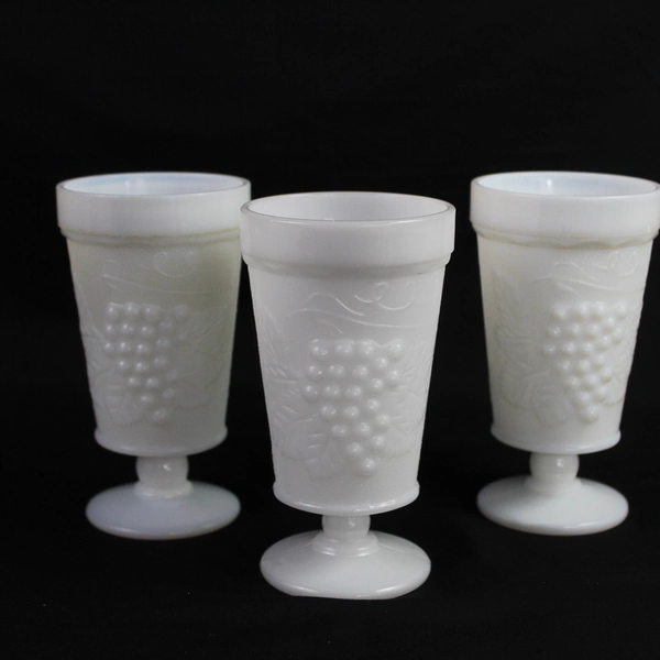Lot of 3 Vintage Milk Glass Goblets Grapes & Vines Pattern Tumblers 5.75"