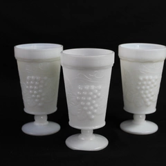 Lot of 3 Vintage Milk Glass Goblets Grapes & Vines Pattern Tumblers 5.75"