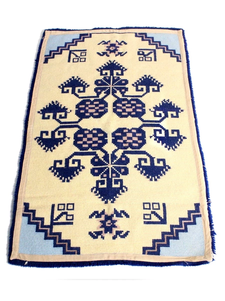 Vintage Rug Hooking Wall Hanging Cream Navy Blue Geometric 54"x34" Carpet