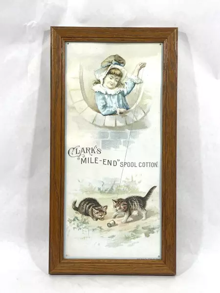 Vintage Clark's Mile-End Spool Cotton Tin Sign Victorian Girl & Kittens Frame