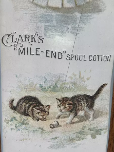 Vintage Clark's Mile-End Spool Cotton Tin Sign Victorian Girl & Kittens Frame