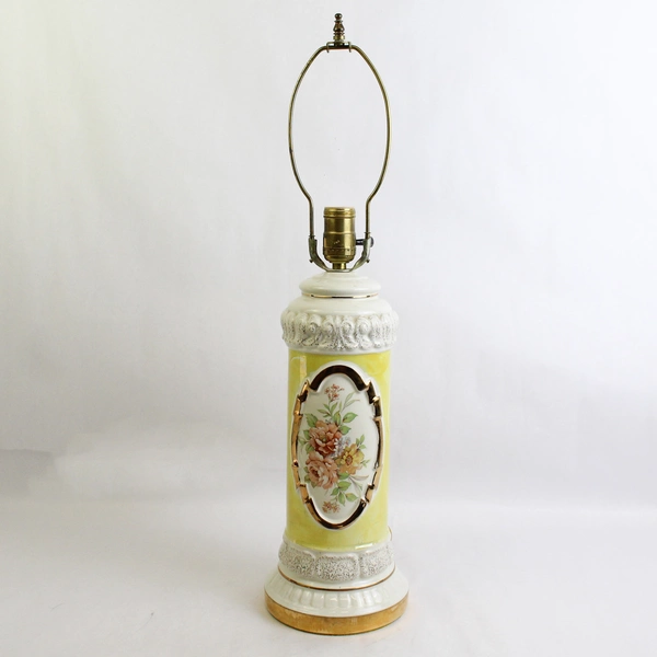 Vintage 1940's Ceramic Electric 3 Way Table Lamp And Shade Yellow White Floral