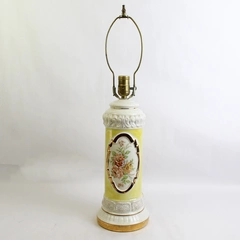 Vintage 1940's Ceramic Electric 3 Way Table Lamp And Shade Yellow White Floral