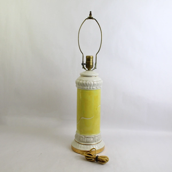 Vintage 1940's Ceramic Electric 3 Way Table Lamp And Shade Yellow White Floral