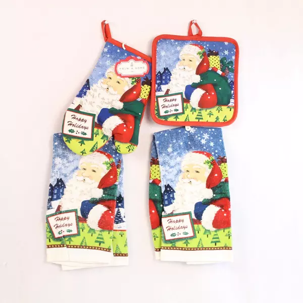 Lot of 4 Trim A Home Christmas Tea Towels & Pot Holders Santa Holiday Set