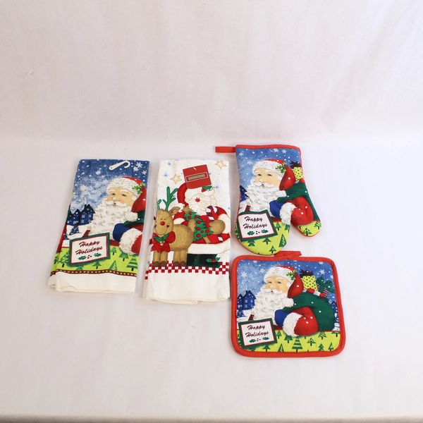 Lot of 4 Christmas Kitchen Linens 2 Festive Towels & 2 Santa Pot Holders