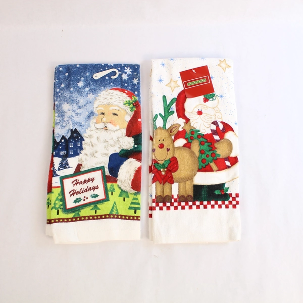 Lot of 4 Christmas Kitchen Linens 2 Festive Towels & 2 Santa Pot Holders