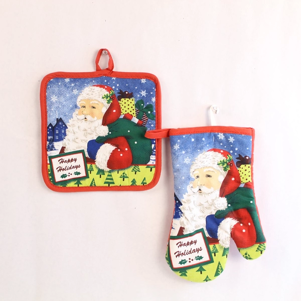 Lot of 4 Christmas Kitchen Linens 2 Festive Towels & 2 Santa Pot Holders